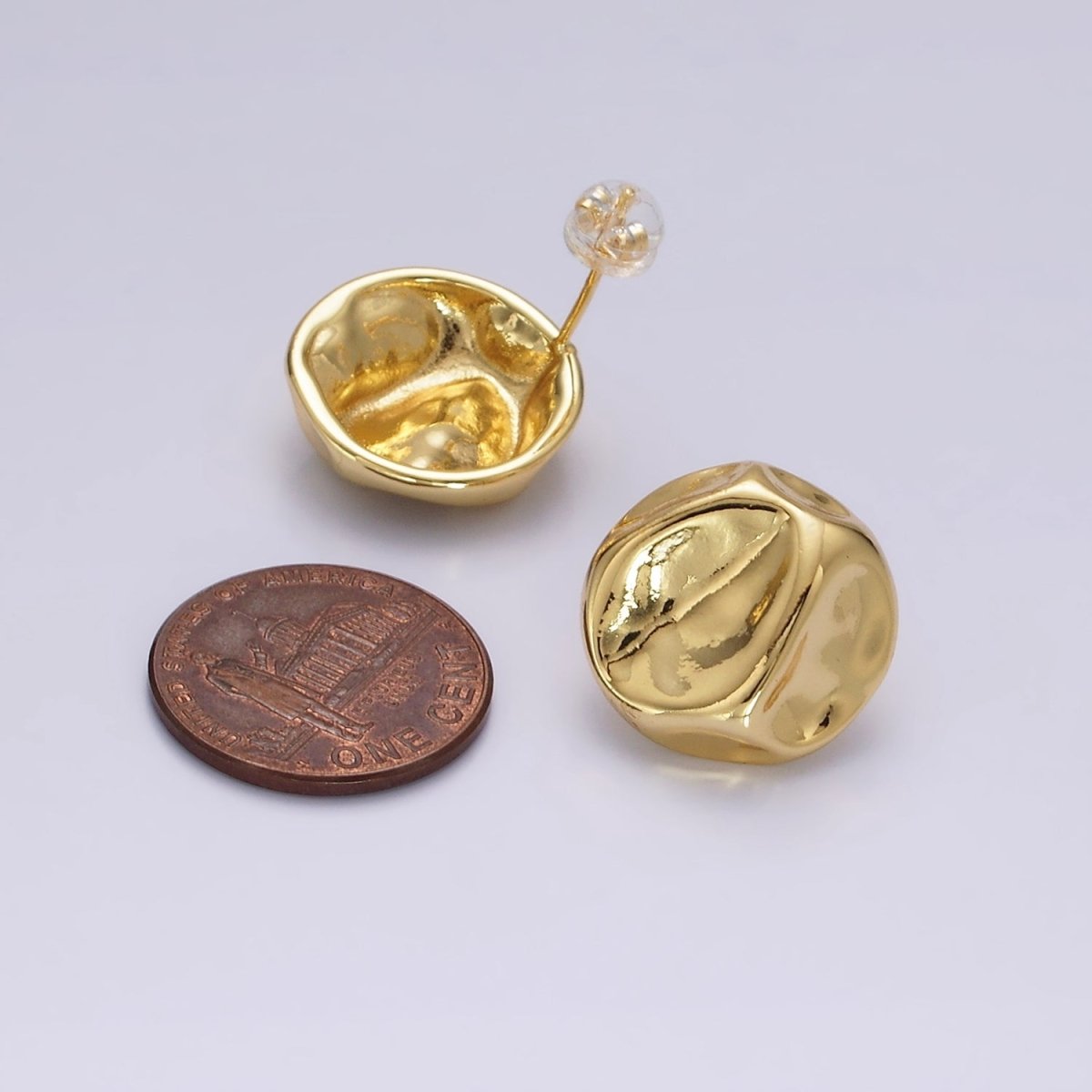 14K Gold plated 17mm Molten Hammered Round Stud Earrings | V239 - DLUXCA