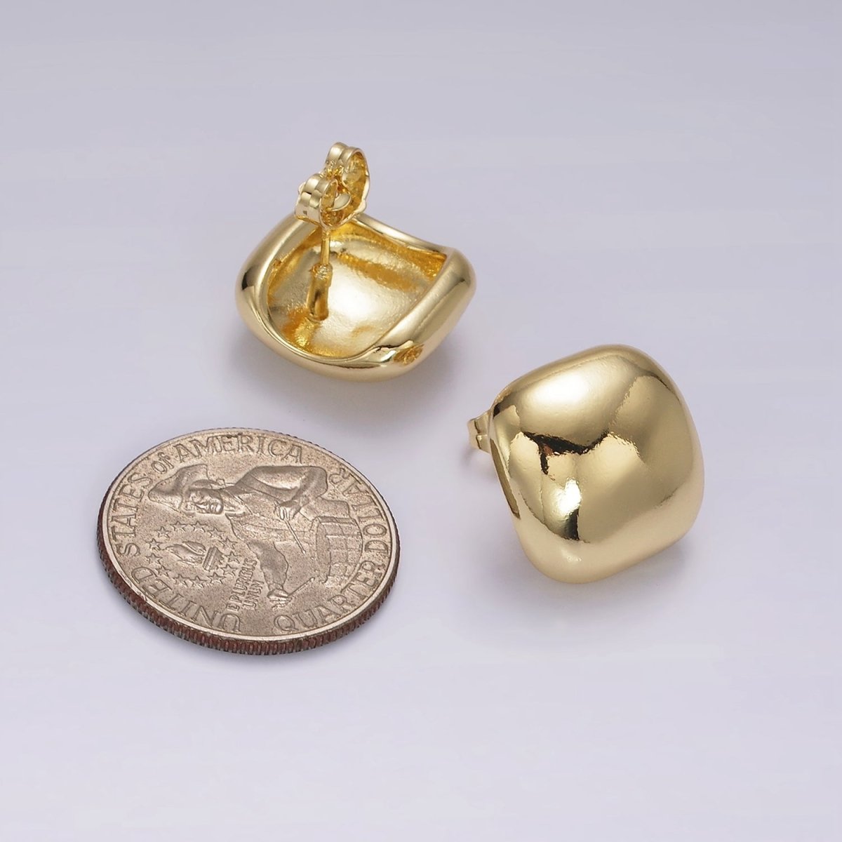 14K Gold plated 17mm Square Dome Minimalist Stud Earrings | V-299 - DLUXCA