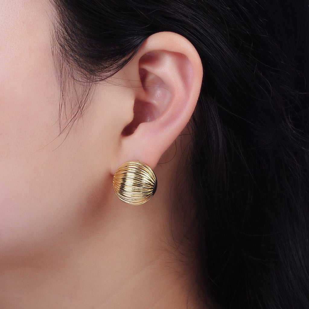 14K Gold plated 18.5mm Line-Textured Round Dome Stud Earrings | V459 - DLUXCA