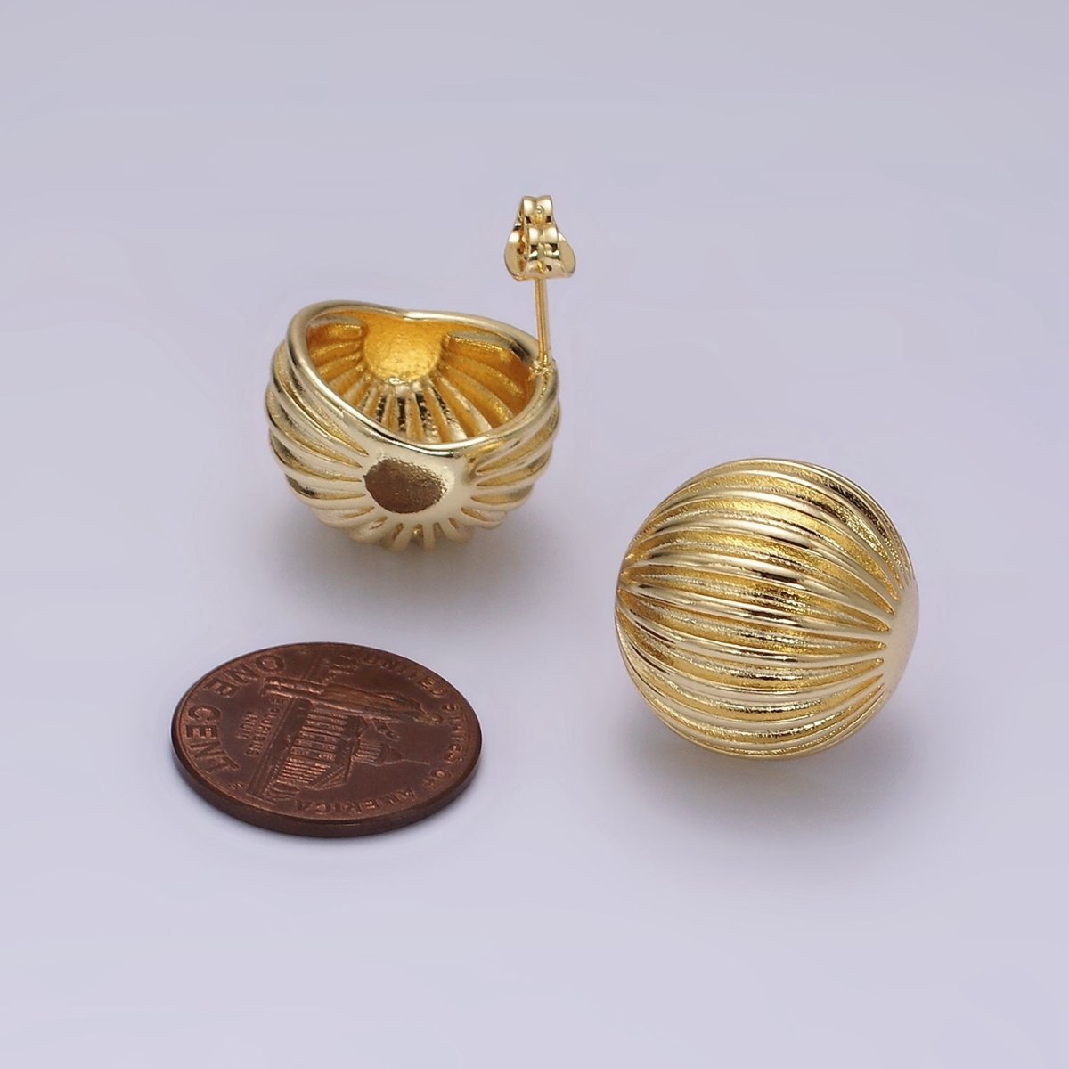 14K Gold plated 18.5mm Line-Textured Round Dome Stud Earrings | V459 - DLUXCA