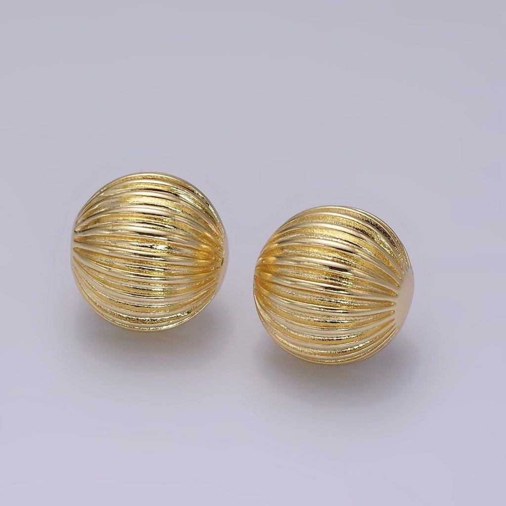 14K Gold plated 18.5mm Line-Textured Round Dome Stud Earrings | V459 - DLUXCA