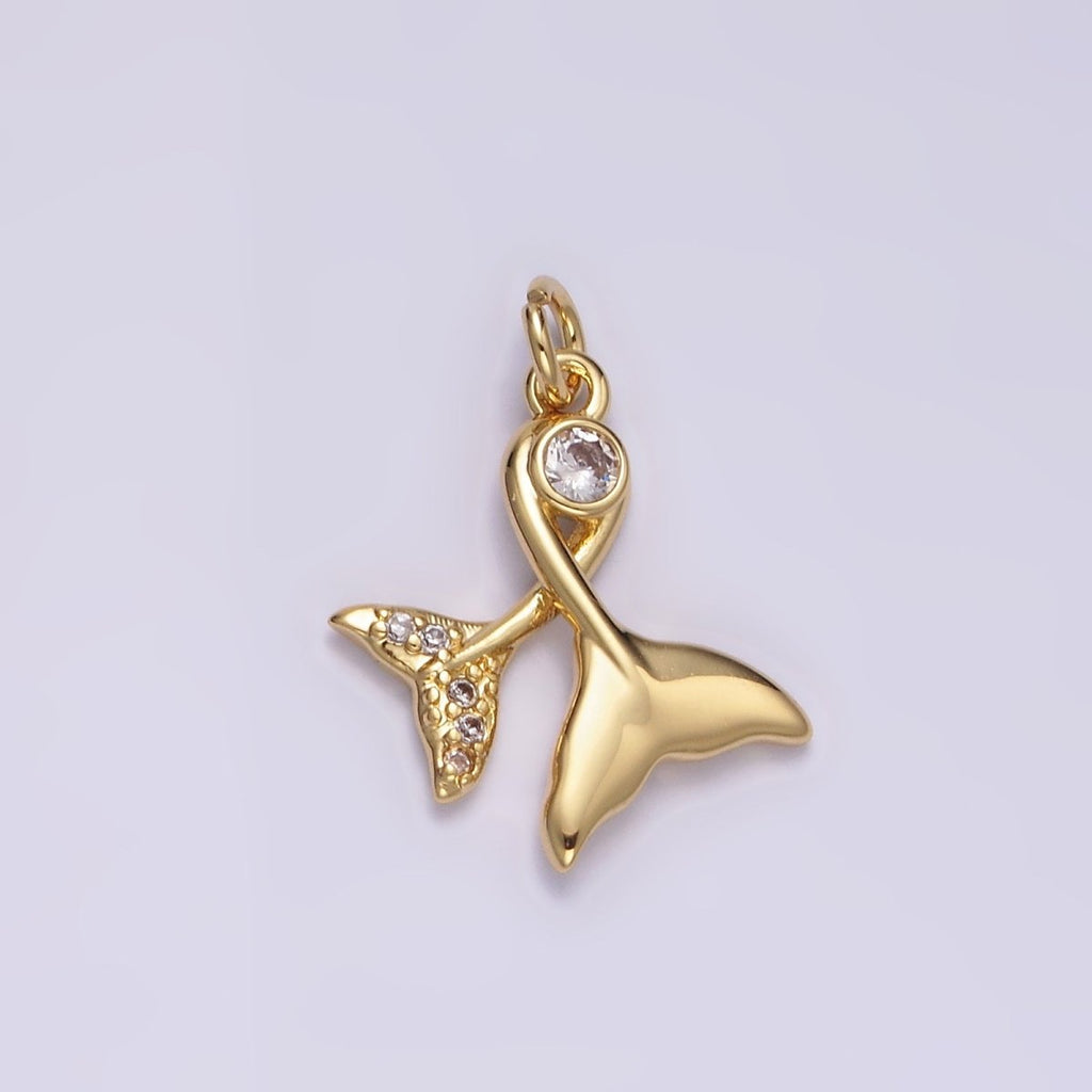 14K Gold plated 18mm Clear CZ Double Mermaid Ocean Micro Paved Tail Charm | N1488 - DLUXCA
