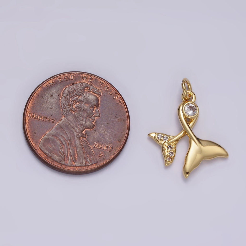 14K Gold plated 18mm Clear CZ Double Mermaid Ocean Micro Paved Tail Charm | N1488 - DLUXCA