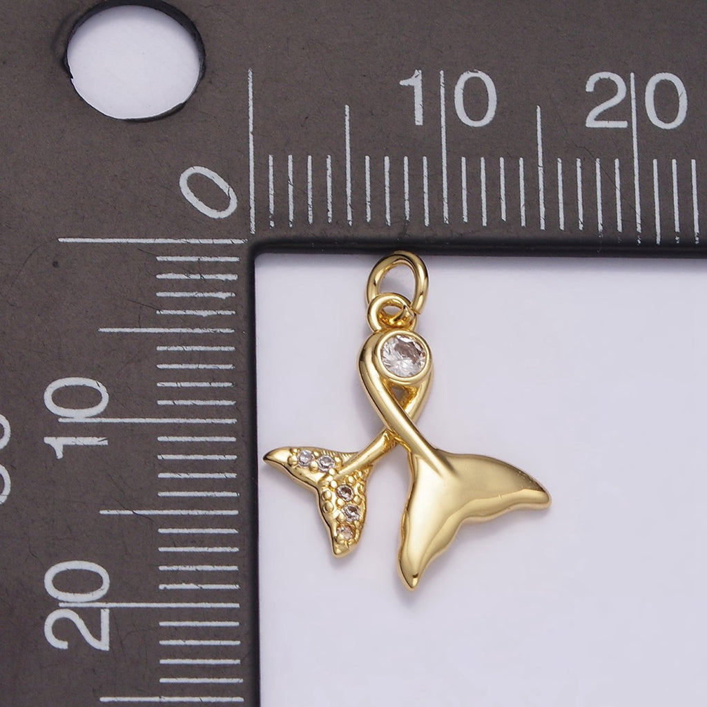 14K Gold plated 18mm Clear CZ Double Mermaid Ocean Micro Paved Tail Charm | N1488 - DLUXCA