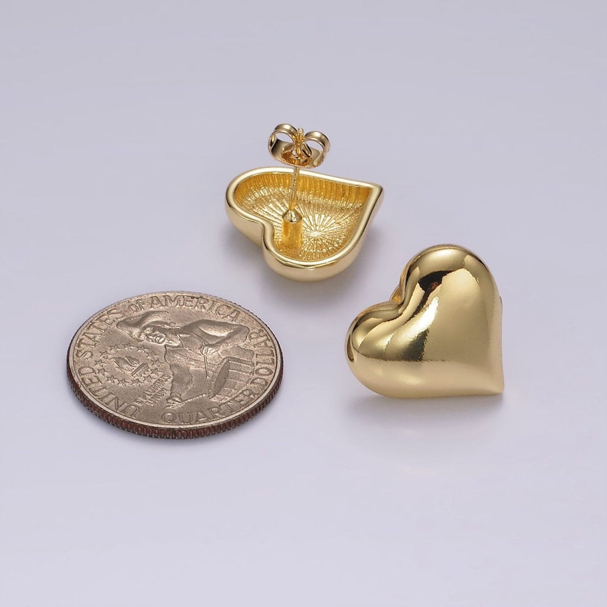 14K Gold plated 18mm Heart Dome Minimalist Stud Earrings | V297 - DLUXCA