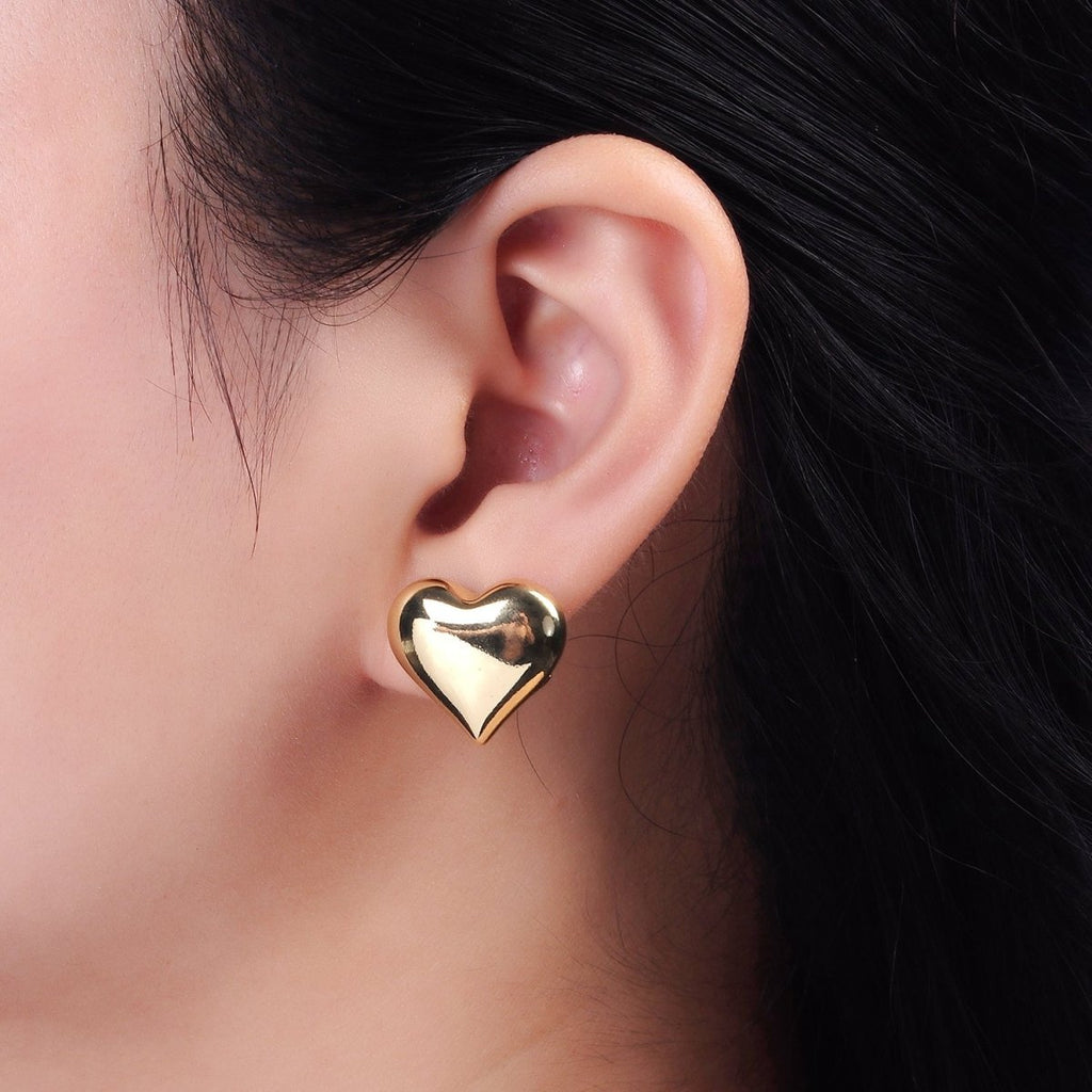 14K Gold plated 18mm Heart Dome Minimalist Stud Earrings | V297 - DLUXCA