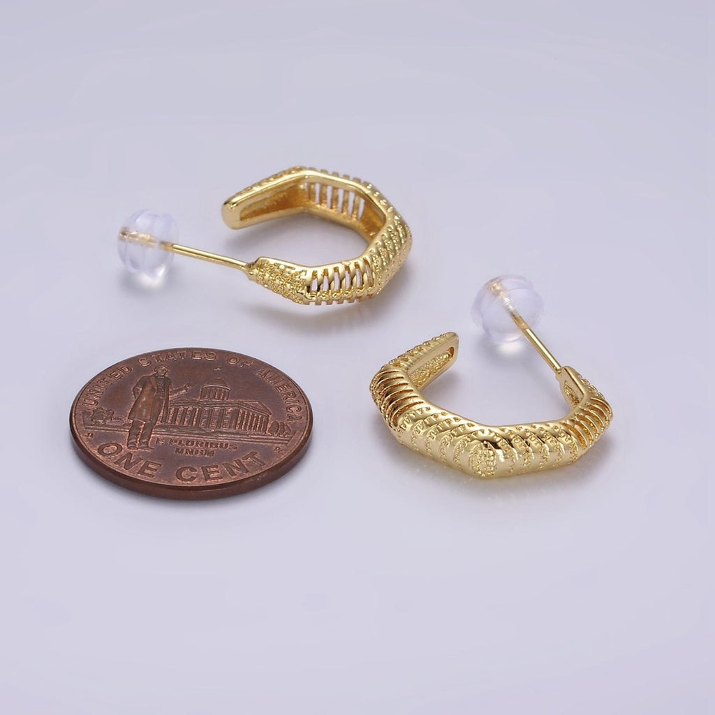 14K Gold plated 18mm Open Textured Geometric C-Shaped Hoop Earrings | AB1117 - DLUXCA