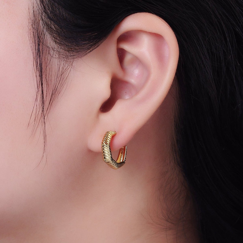 14K Gold plated 18mm Open Textured Geometric C-Shaped Hoop Earrings | AB1117 - DLUXCA