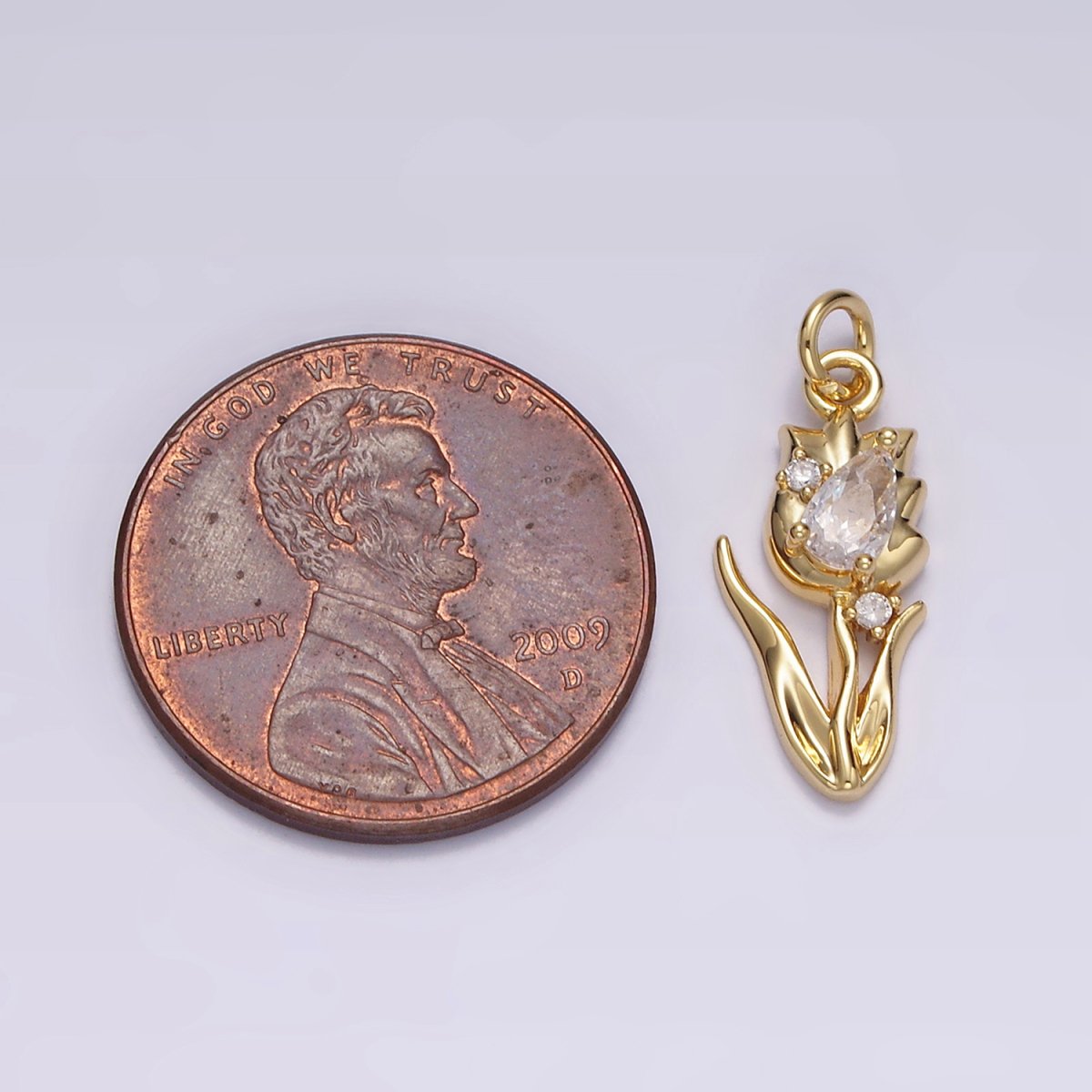 14K Gold plated 19.5mm Clear Teardrop CZ Rose Tulip Flower Charm | N1493 - DLUXCA