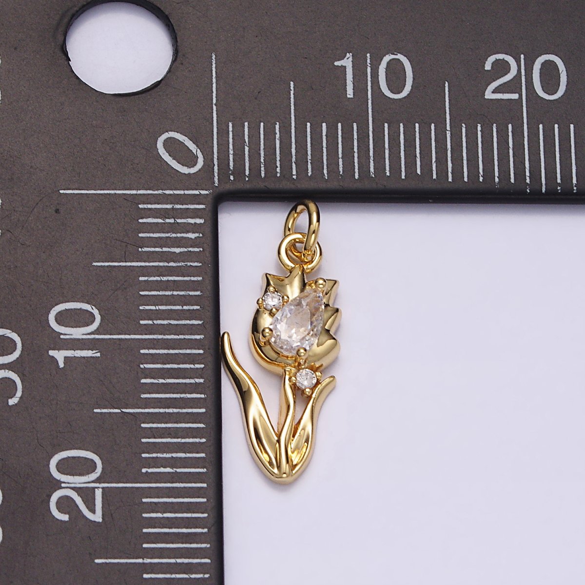 14K Gold plated 19.5mm Clear Teardrop CZ Rose Tulip Flower Charm | N1493 - DLUXCA