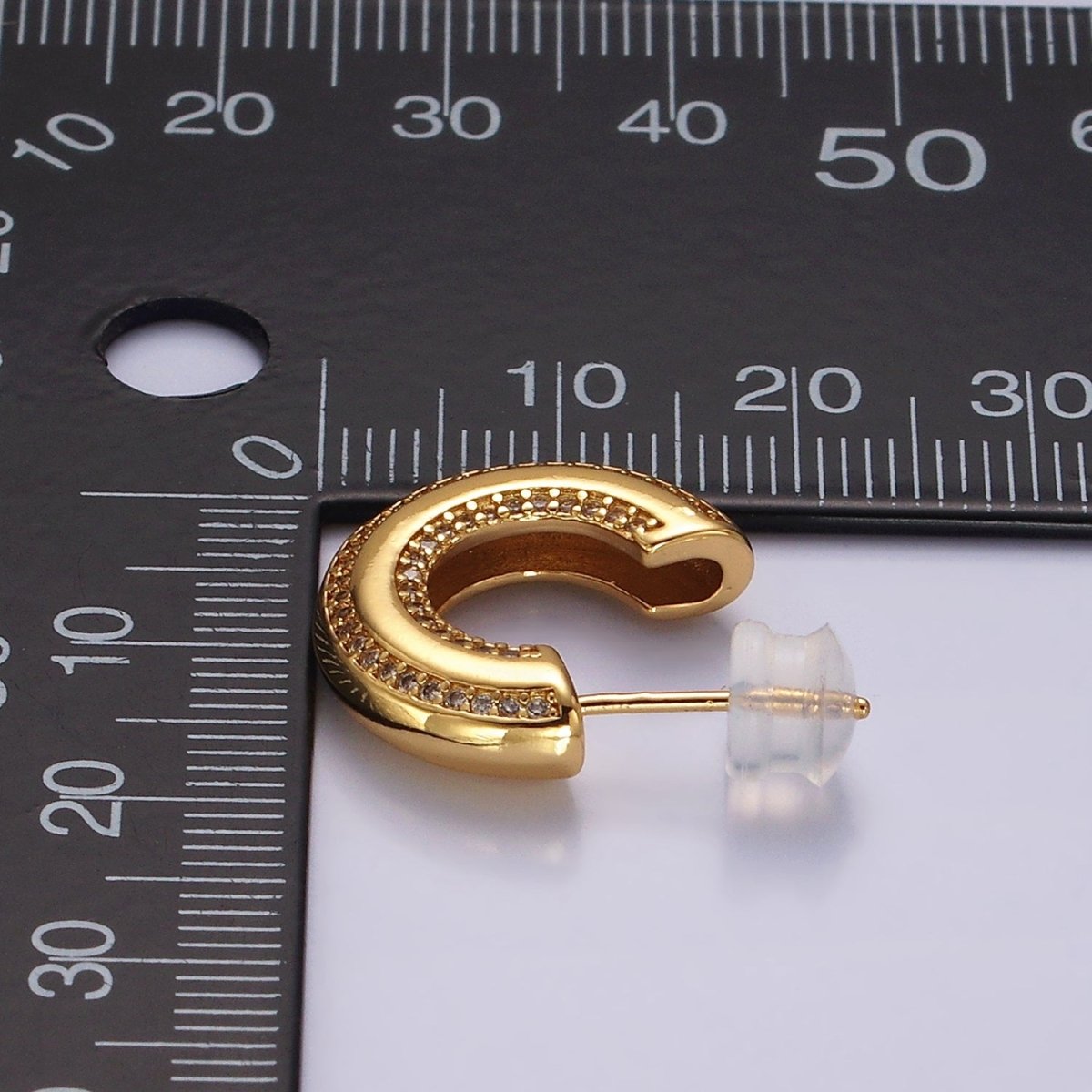 14K Gold plated 19mm Clear CZ Double Paved Lined C-Shaped Hoop Earrings in Gold & Silver | AE1005 AE1006
