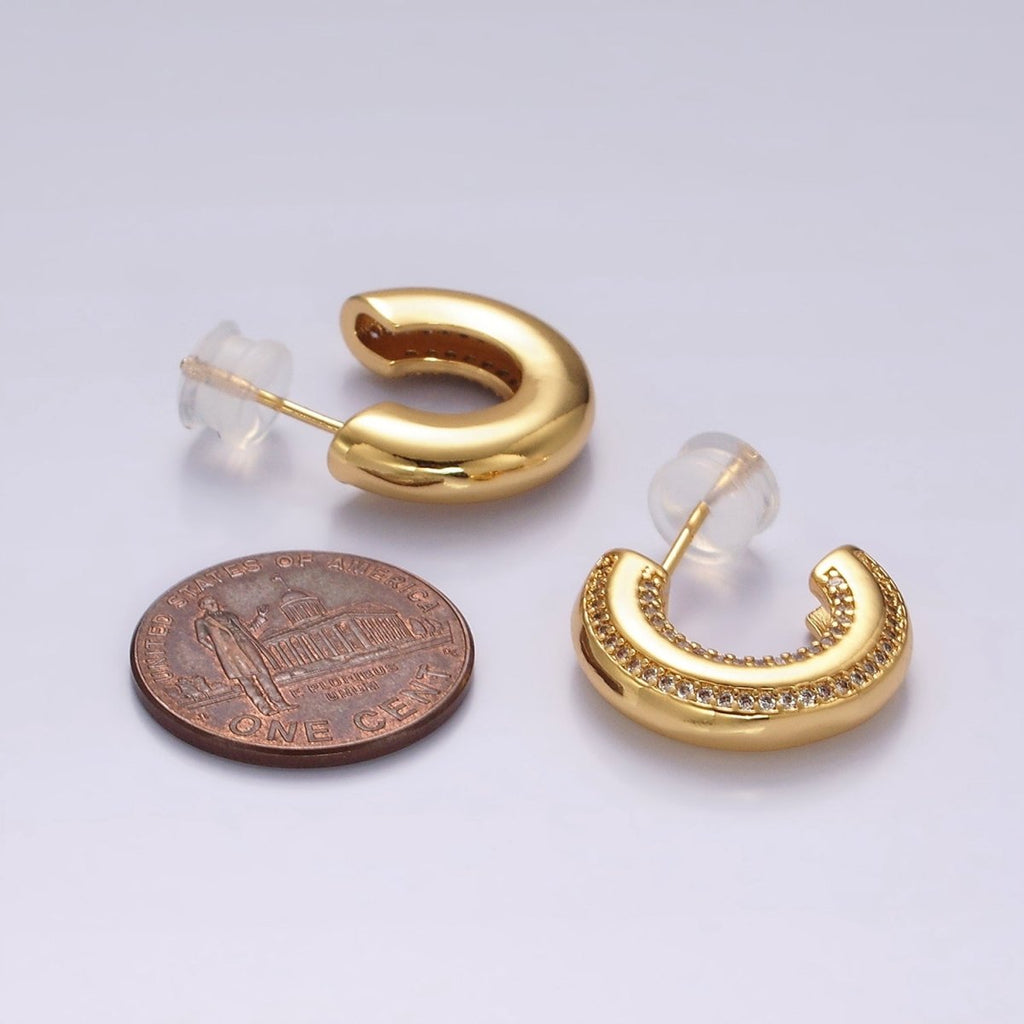 14K Gold plated 19mm Clear CZ Double Paved Lined C-Shaped Hoop Earrings in Gold & Silver | AE1005 AE1006