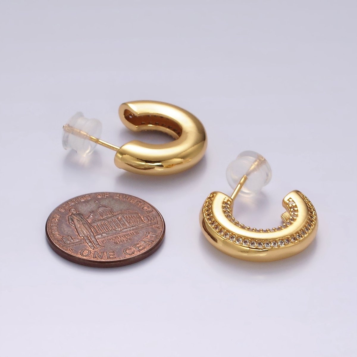14K Gold plated 19mm Clear CZ Double Paved Lined C-Shaped Hoop Earrings in Gold & Silver | AE1005 AE1006