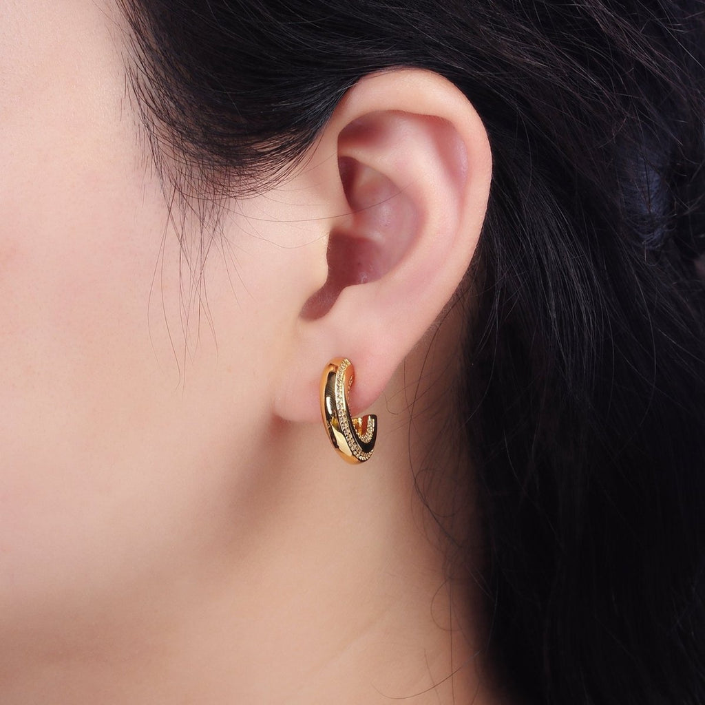14K Gold plated 19mm Clear CZ Double Paved Lined C-Shaped Hoop Earrings in Gold & Silver | AE1005 AE1006