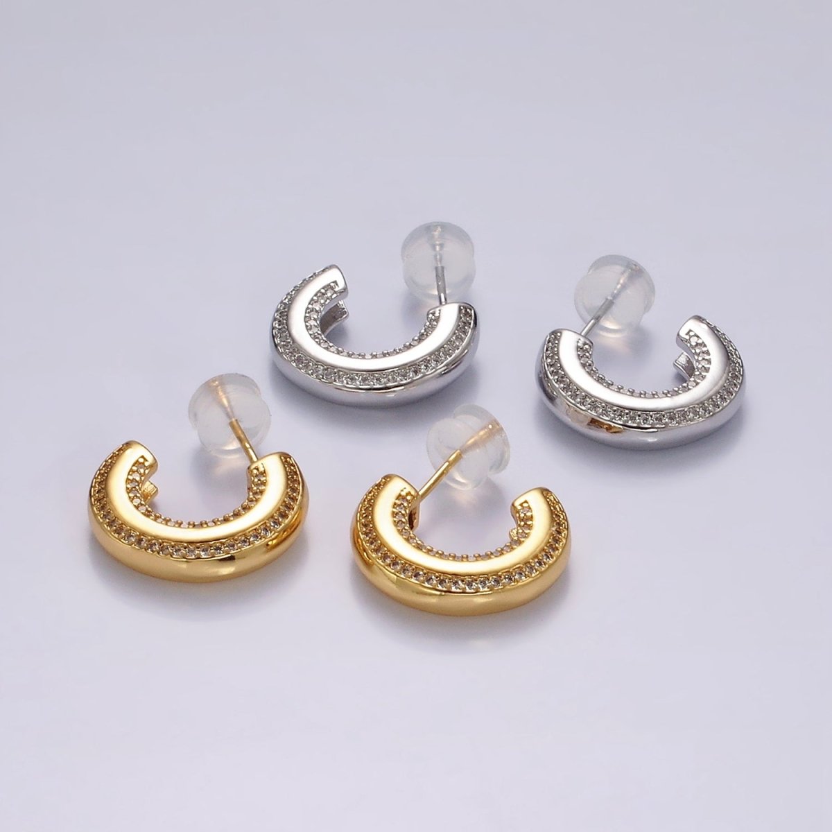 14K Gold plated 19mm Clear CZ Double Paved Lined C-Shaped Hoop Earrings in Gold & Silver | AE1005 AE1006