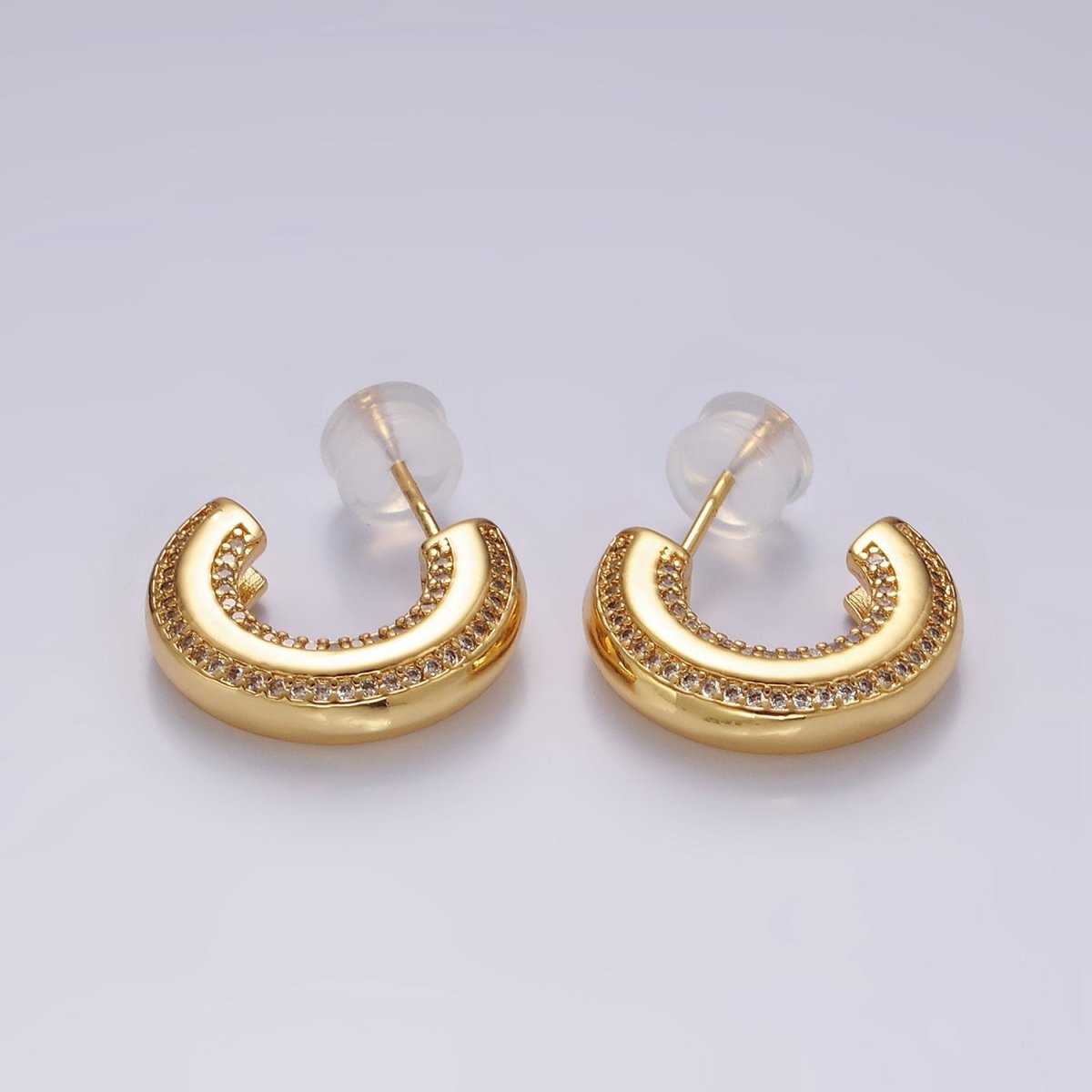 14K Gold plated 19mm Clear CZ Double Paved Lined C-Shaped Hoop Earrings in Gold & Silver | AE1005 AE1006
