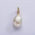 14K Gold plated 19mm White Freshwater Pearl Button Drop Micro Paved CZ Pendant | P1641 - DLUXCA