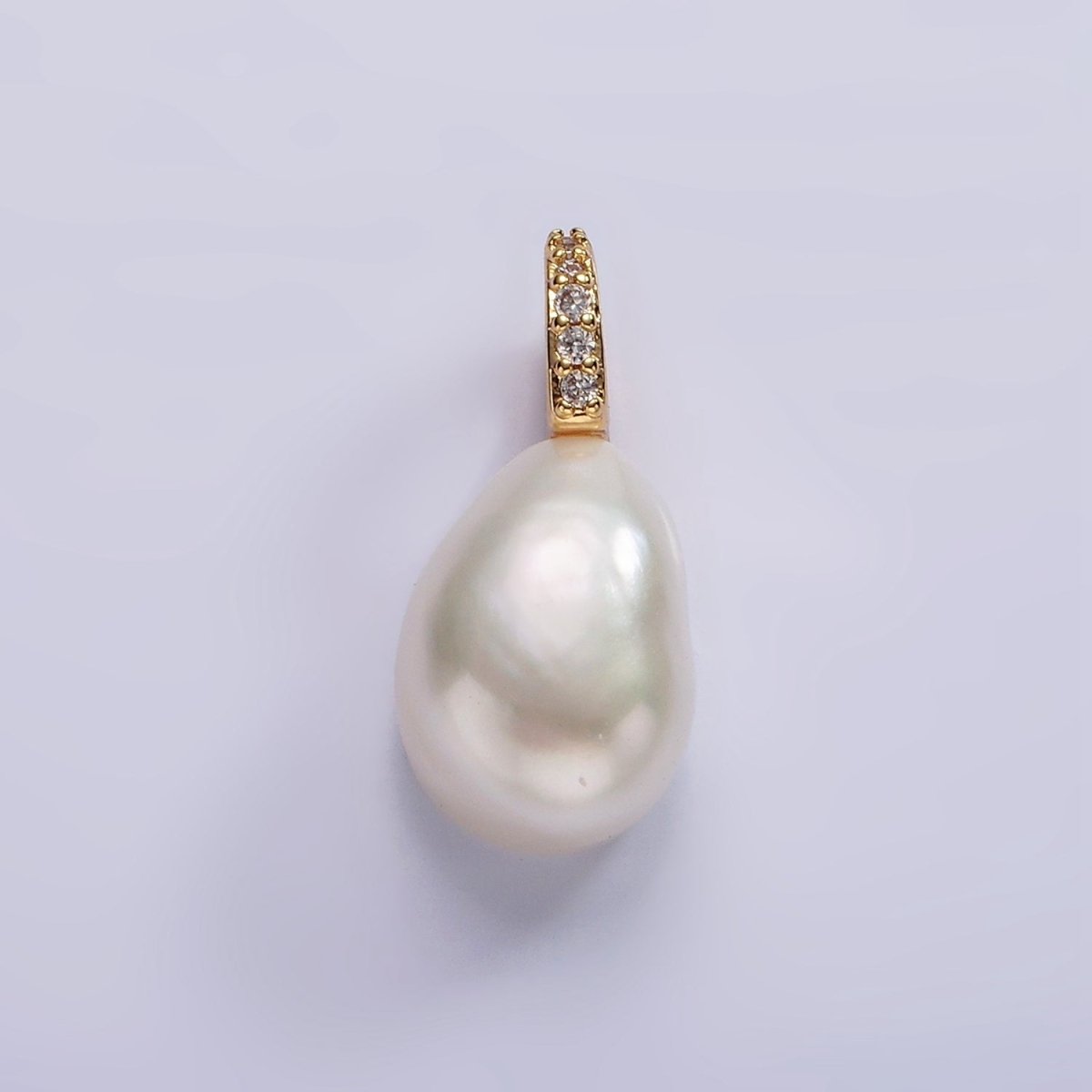 14K Gold plated 19mm White Freshwater Pearl Button Drop Micro Paved CZ Pendant | P1641 - DLUXCA
