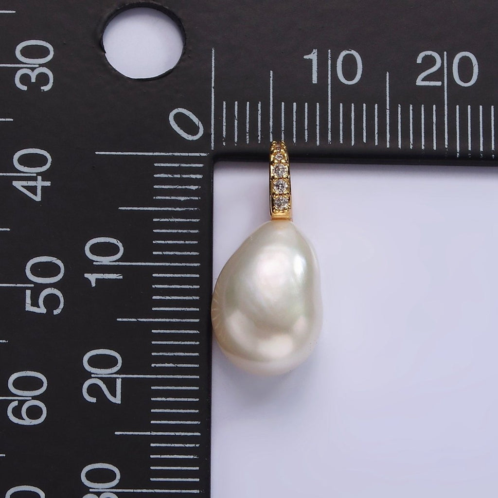 14K Gold plated 19mm White Freshwater Pearl Button Drop Micro Paved CZ Pendant | P1641 - DLUXCA