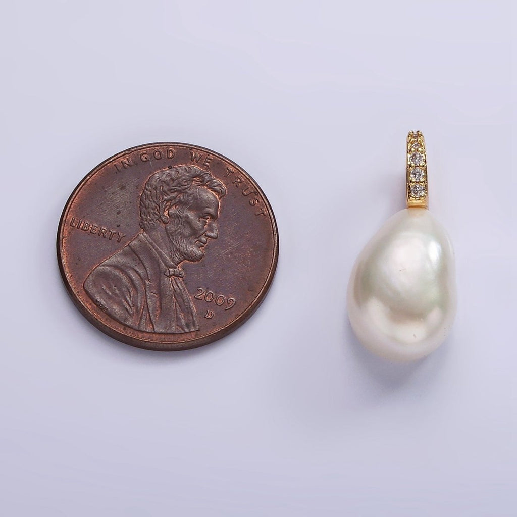 14K Gold plated 19mm White Freshwater Pearl Button Drop Micro Paved CZ Pendant | P1641 - DLUXCA