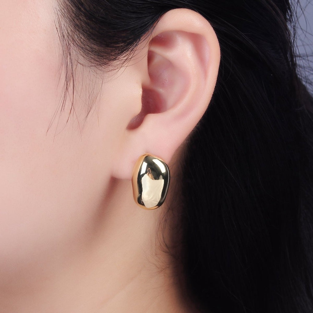 14K Gold plated 20mm Abstract Hammered Oval Bean Minimalist Stud Earrings | AE370 - DLUXCA