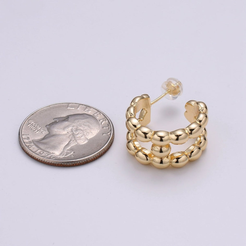 14K Gold plated 20mm Beaded Bubble Molten Double Band C - Shaped Earrings | P250 - DLUXCA