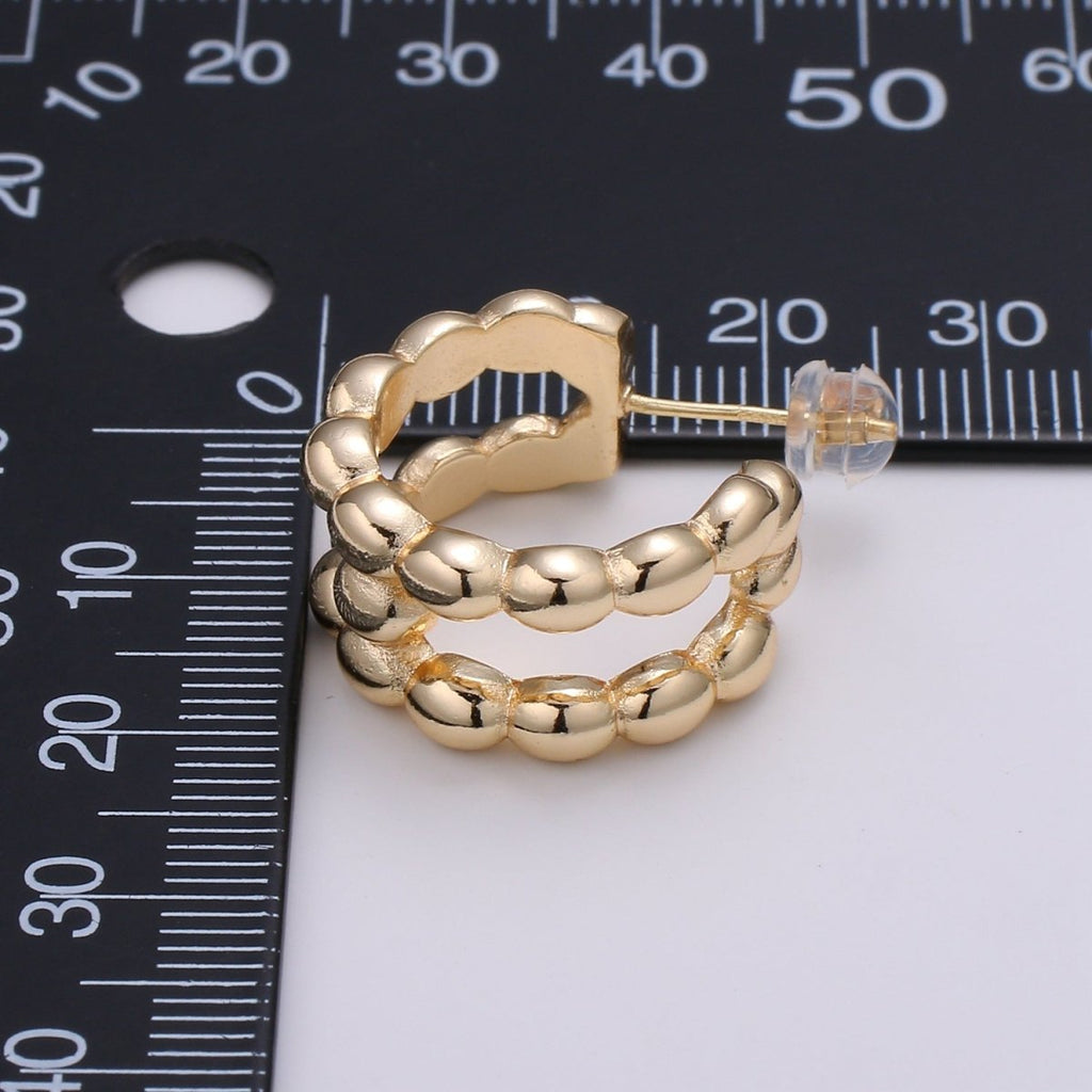 14K Gold plated 20mm Beaded Bubble Molten Double Band C - Shaped Earrings | P250 - DLUXCA