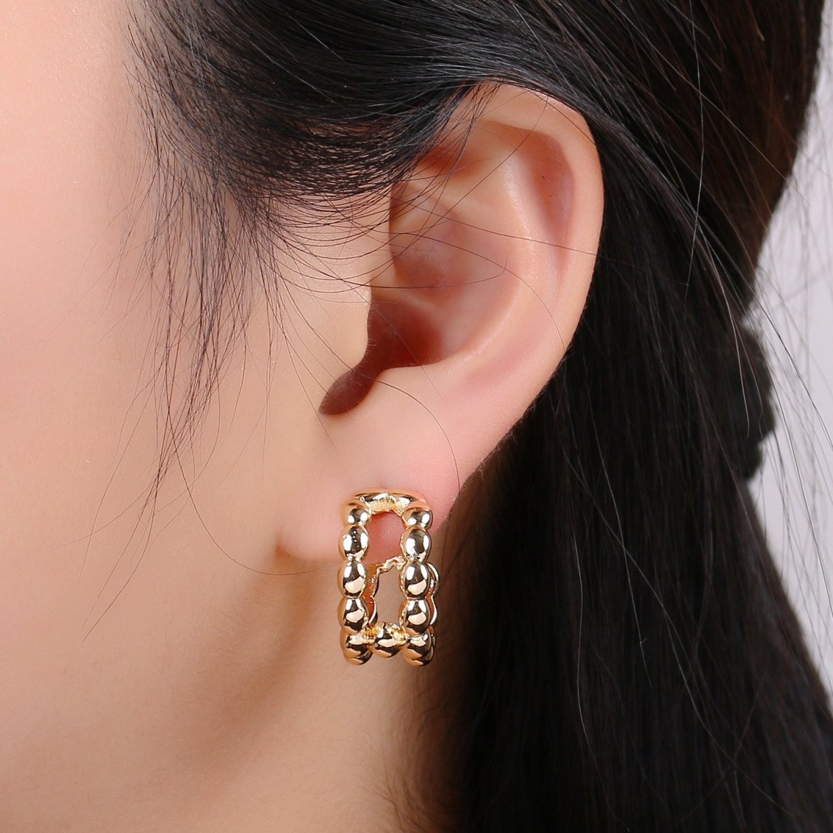 14K Gold plated 20mm Beaded Bubble Molten Double Band C - Shaped Earrings | P250 - DLUXCA