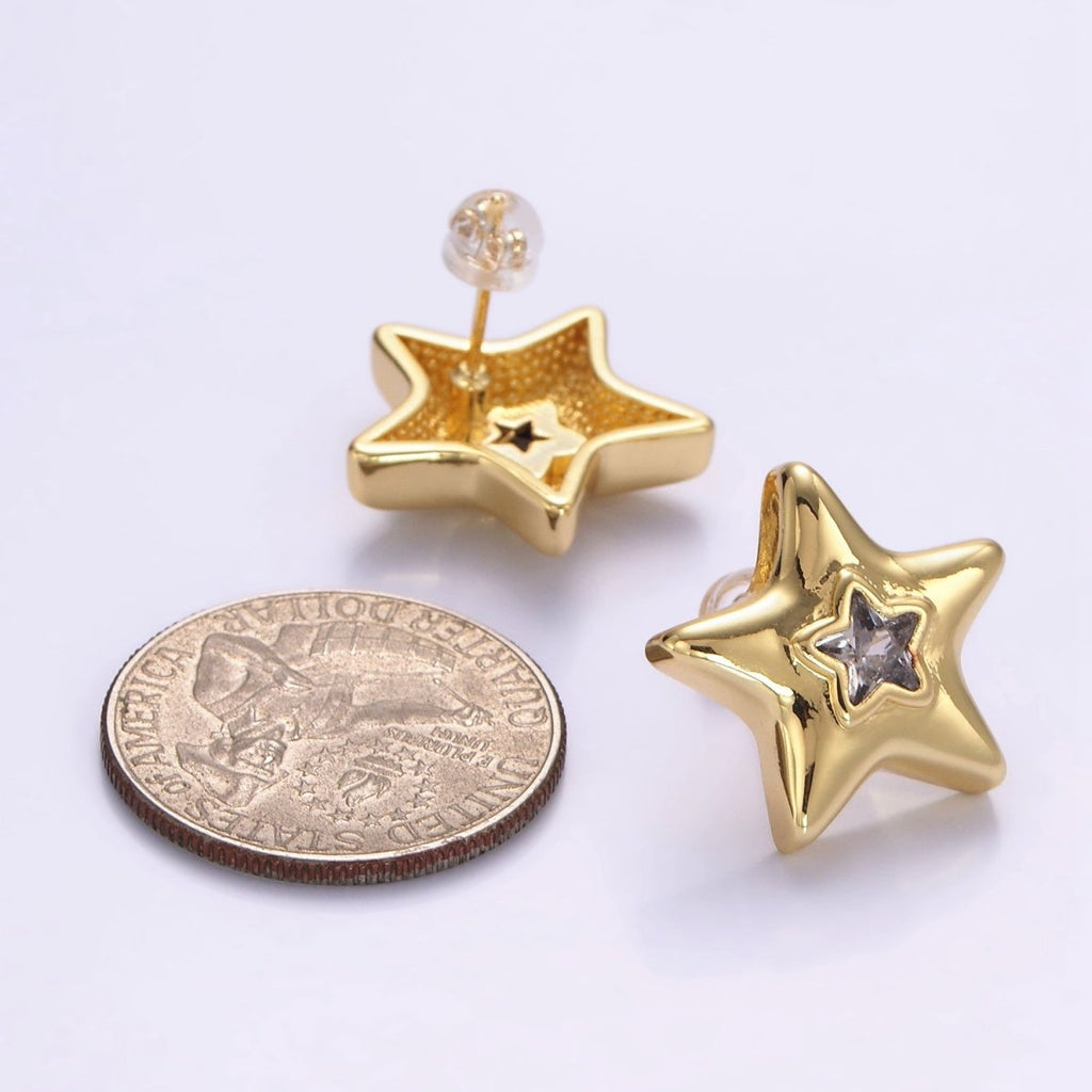 14K Gold plated 20mm Clear CZ Celestial Star Dome Stud Earrings | P510 - DLUXCA