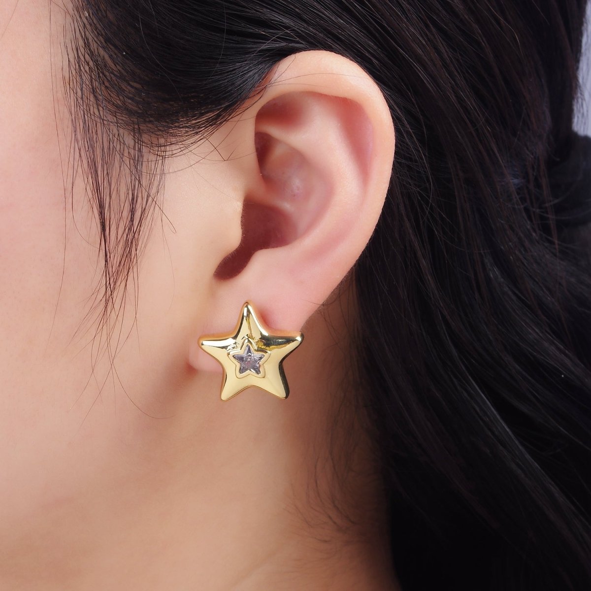 14K Gold plated 20mm Clear CZ Celestial Star Dome Stud Earrings | P510 - DLUXCA