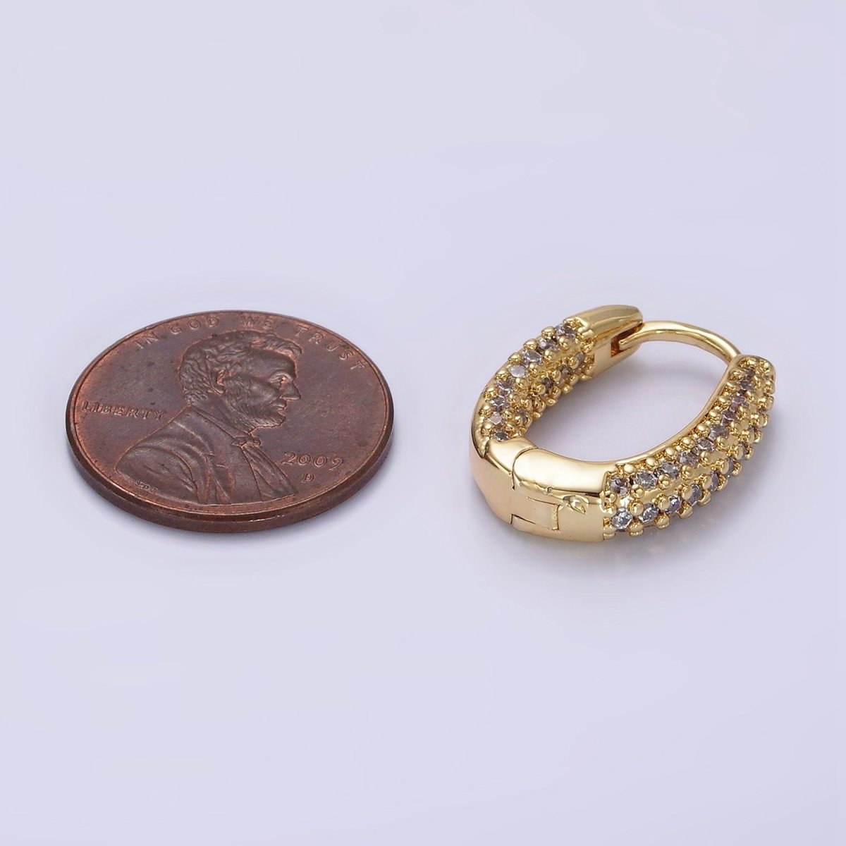 14K Gold plated 20mm Clear Micro Paved CZ Oval Oblong Huggie Earrings | AE906 - DLUXCA
