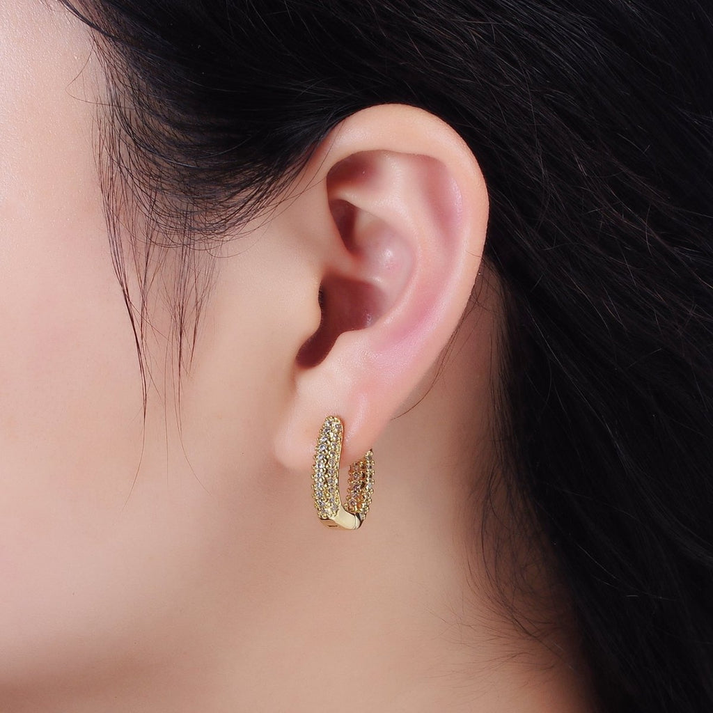 14K Gold plated 20mm Clear Micro Paved CZ Oval Oblong Huggie Earrings | AE906 - DLUXCA