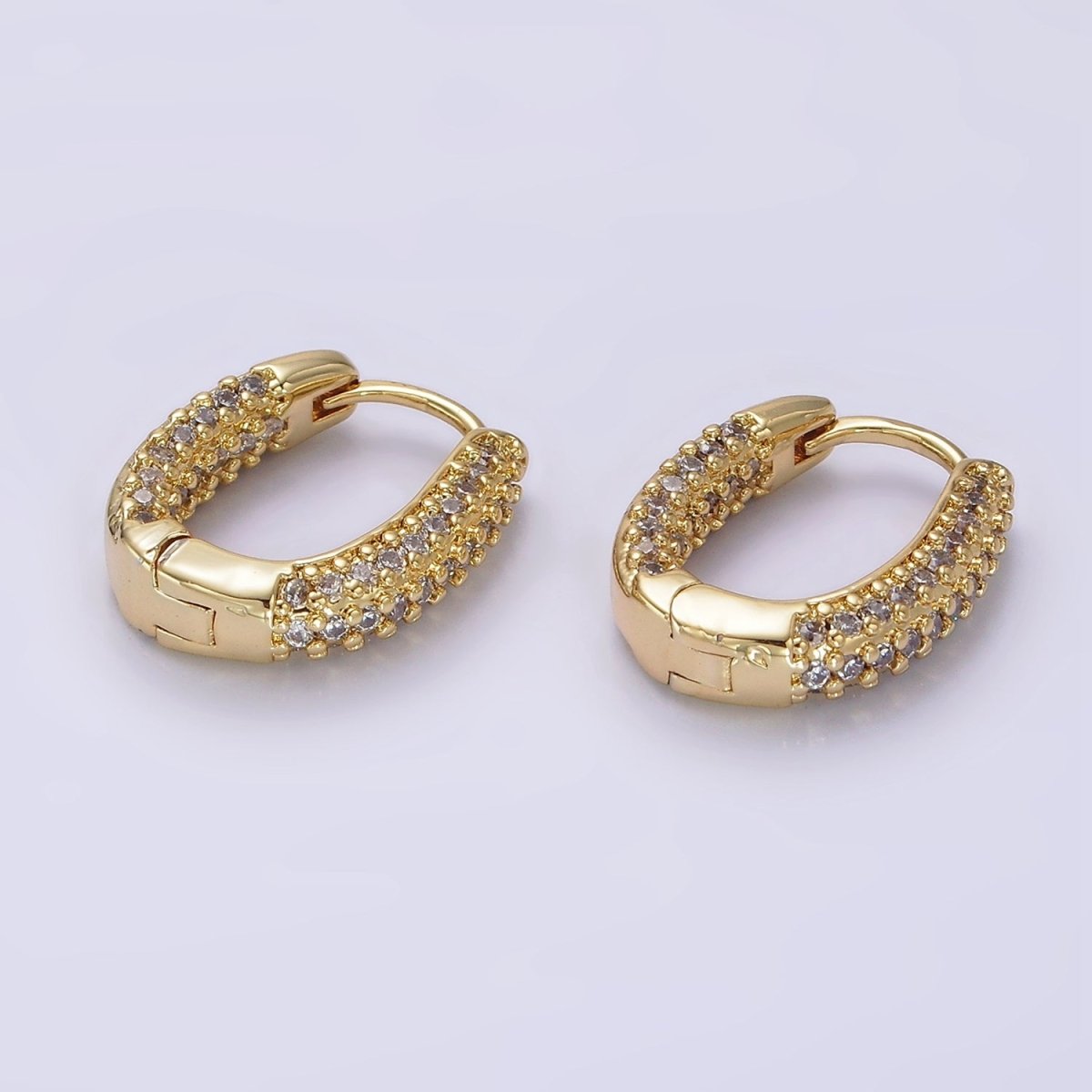 14K Gold plated 20mm Clear Micro Paved CZ Oval Oblong Huggie Earrings | AE906 - DLUXCA
