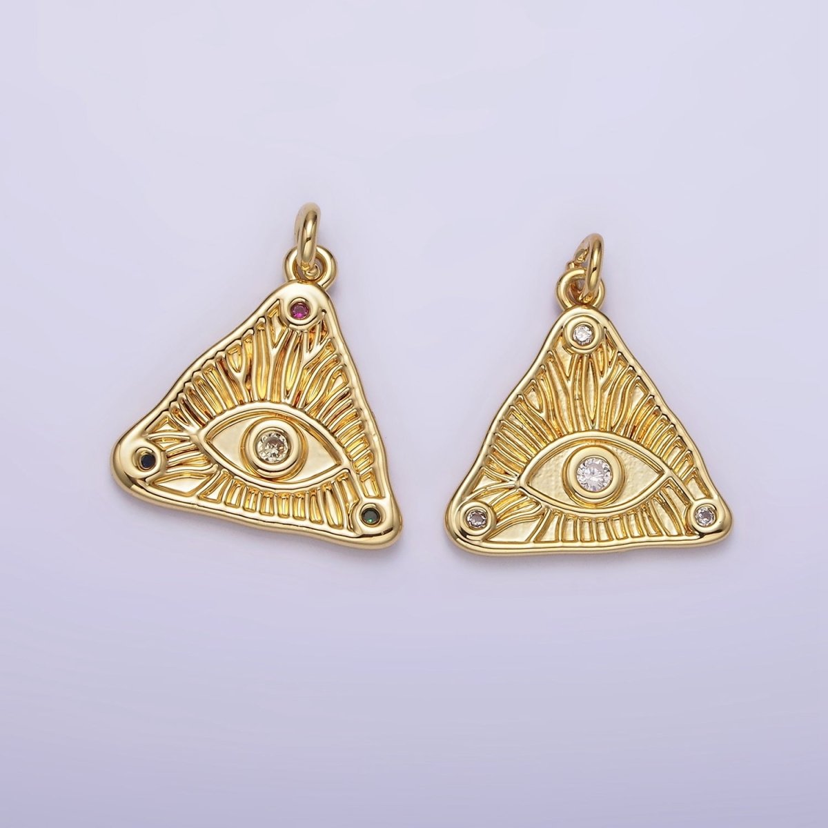 14K Gold plated 20mm Clear, Multicolor Triple CZ Evil Eye Line-Textured Triangle Charm | AG301 AG302