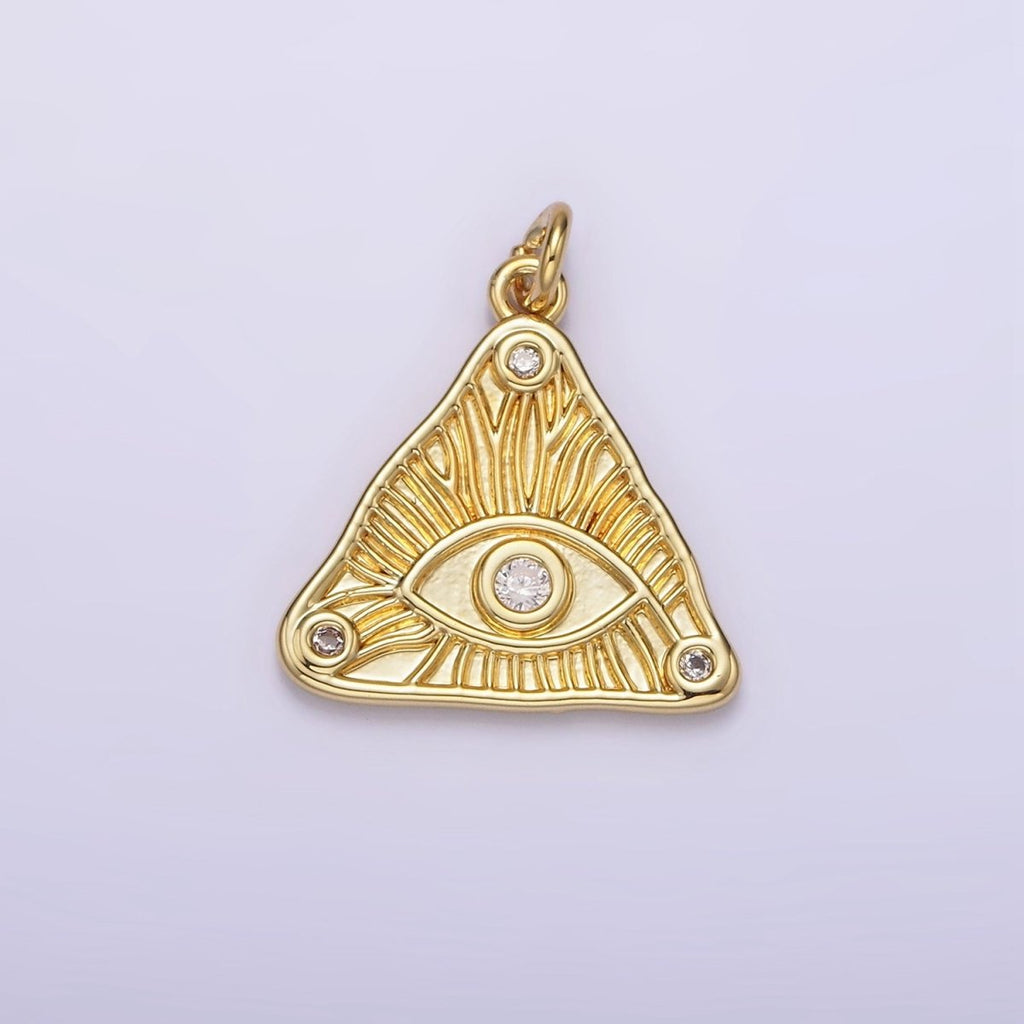 14K Gold plated 20mm Clear, Multicolor Triple CZ Evil Eye Line-Textured Triangle Charm | AG301 AG302