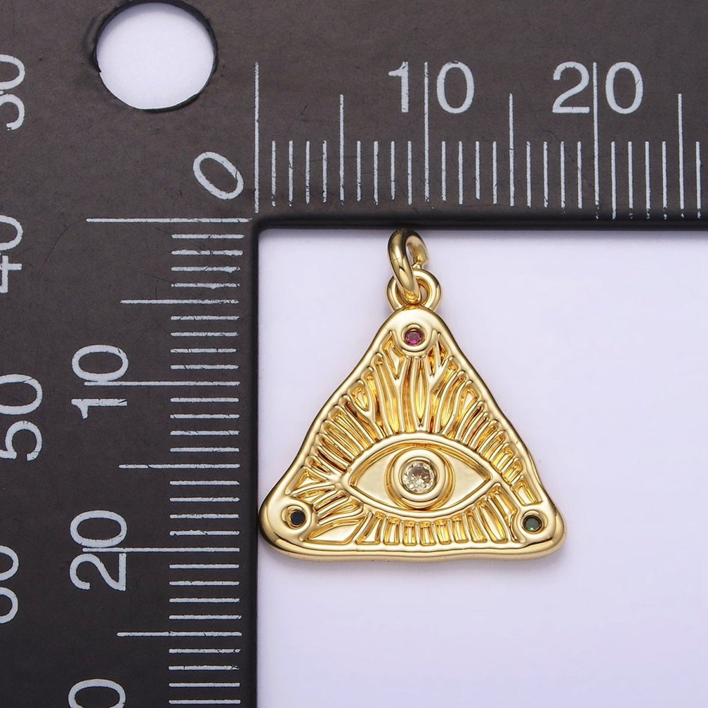 14K Gold plated 20mm Clear, Multicolor Triple CZ Evil Eye Line-Textured Triangle Charm | AG301 AG302