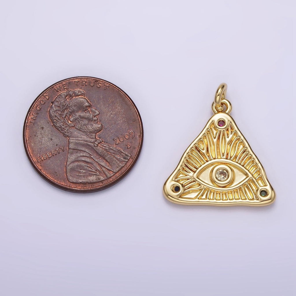 14K Gold plated 20mm Clear, Multicolor Triple CZ Evil Eye Line-Textured Triangle Charm | AG301 AG302