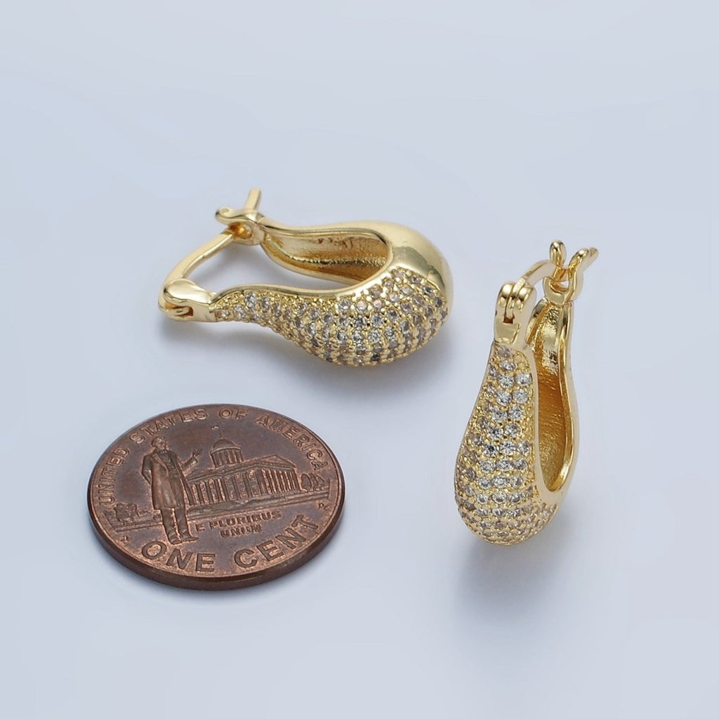 14K Gold plated 20mm Curved U-Shaped Micro Paved CZ Dome Latch Earrings | AE418 - DLUXCA