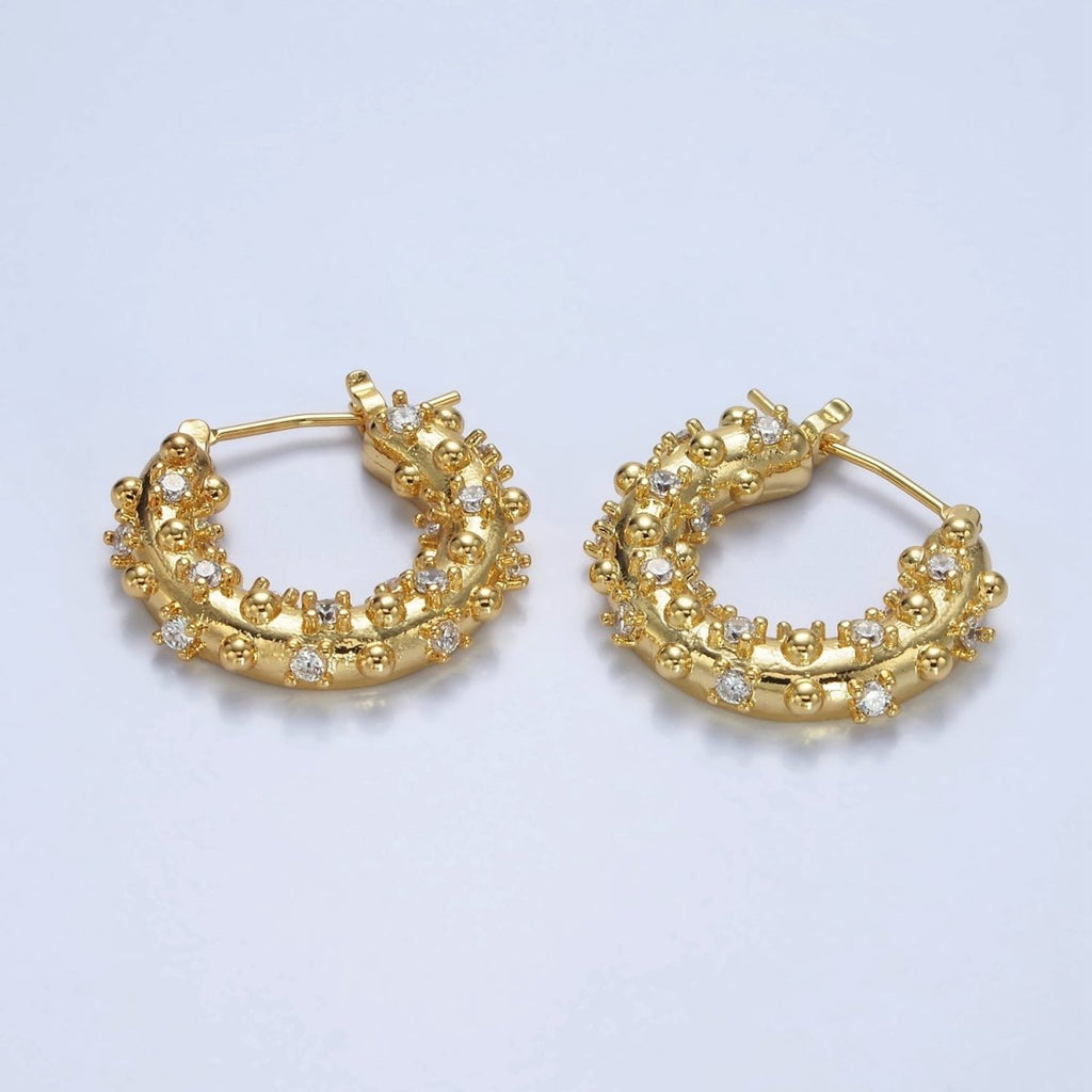 14K Gold plated 20mm CZ Dotted Chubby Latch Earrings in Gold & Silver | AE427 AE428