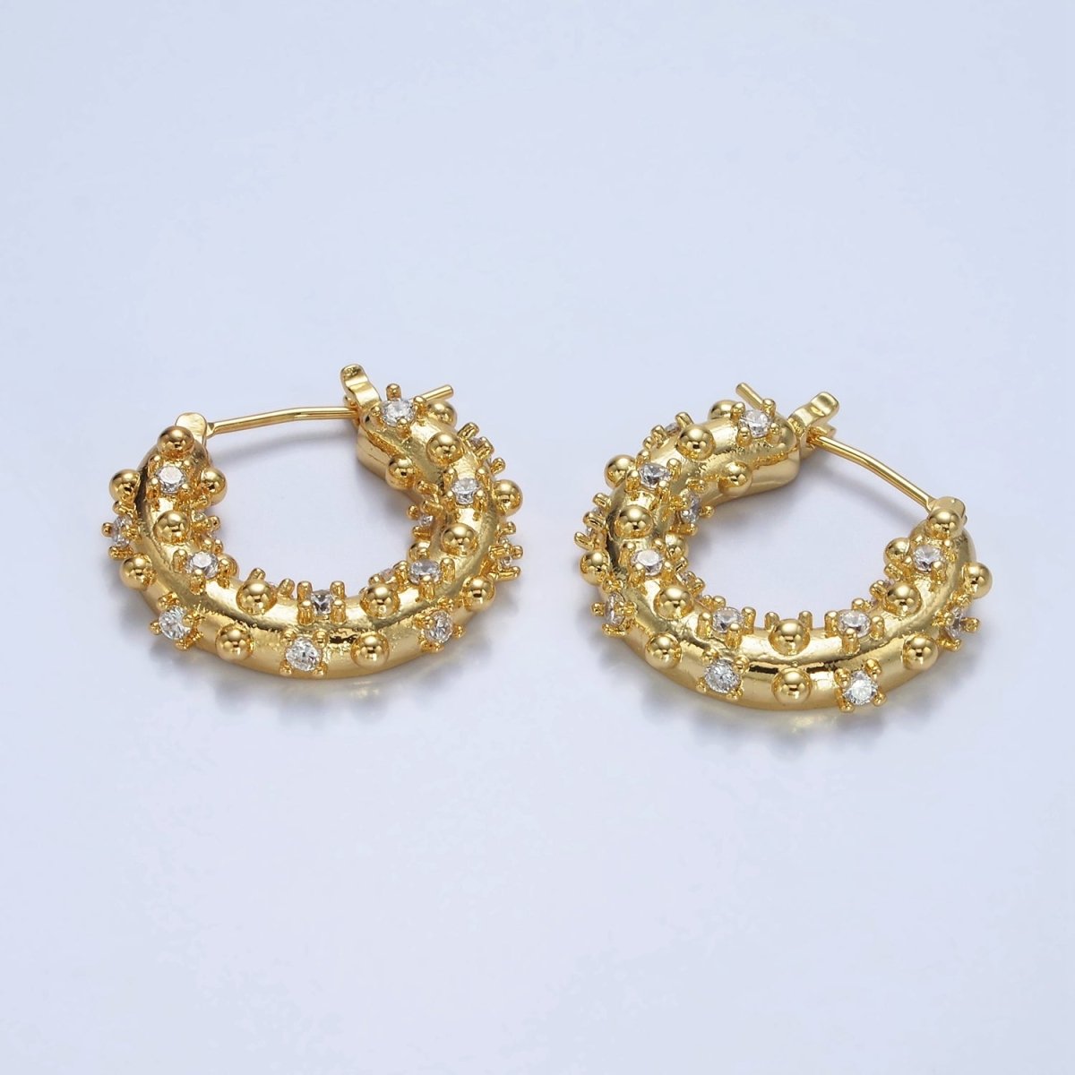 14K Gold plated 20mm CZ Dotted Chubby Latch Earrings in Gold & Silver | AE427 AE428