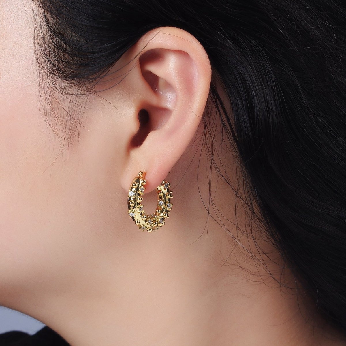 14K Gold plated 20mm CZ Dotted Chubby Latch Earrings in Gold & Silver | AE427 AE428