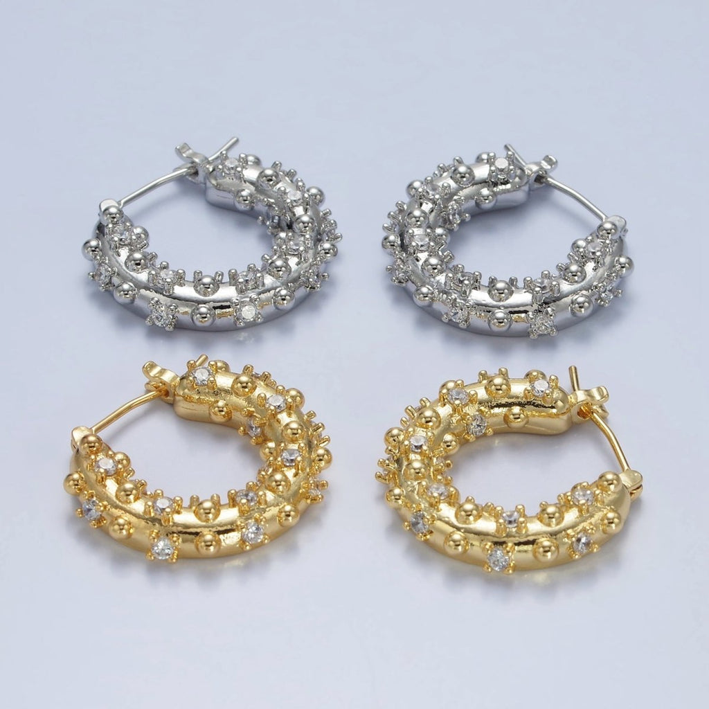 14K Gold plated 20mm CZ Dotted Chubby Latch Earrings in Gold & Silver | AE427 AE428