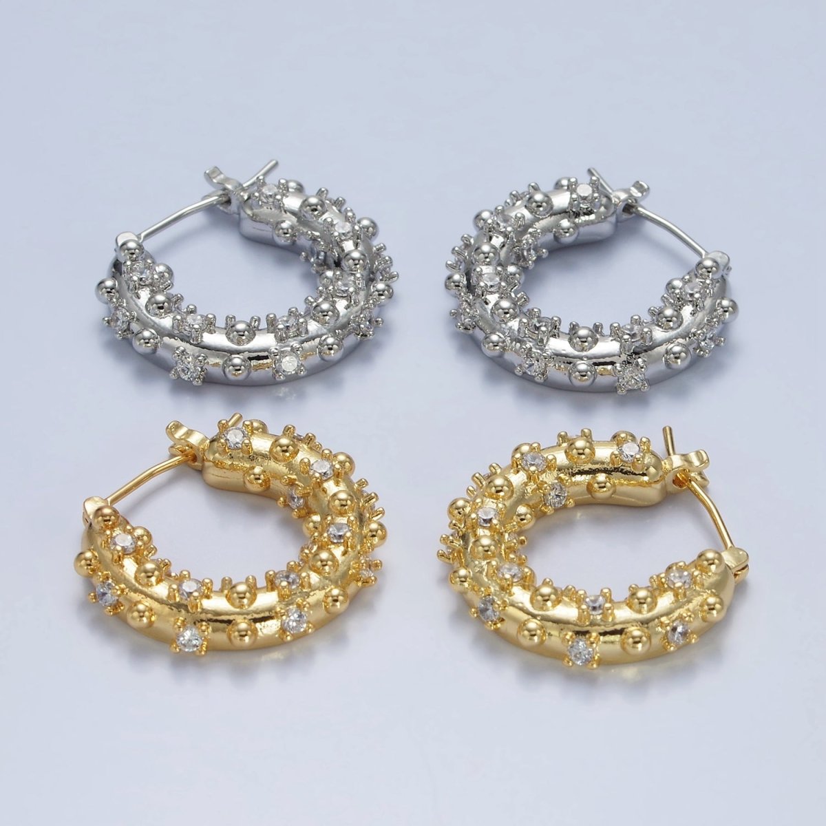 14K Gold plated 20mm CZ Dotted Chubby Latch Earrings in Gold & Silver | AE427 AE428