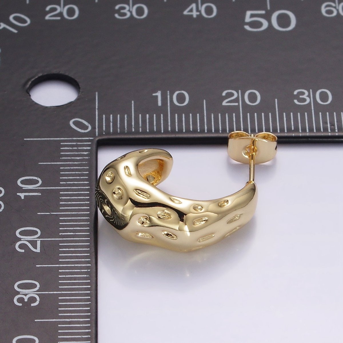 14K Gold plated 20mm Dotted Hammered Dome J-Shaped Hoop Earrings | V286 - DLUXCA