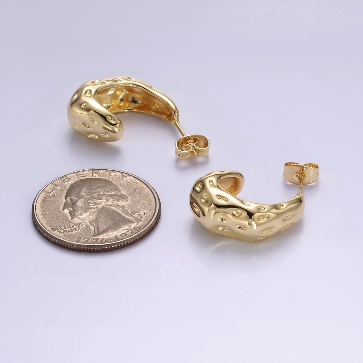 14K Gold plated 20mm Dotted Hammered Dome J-Shaped Hoop Earrings | V286 - DLUXCA