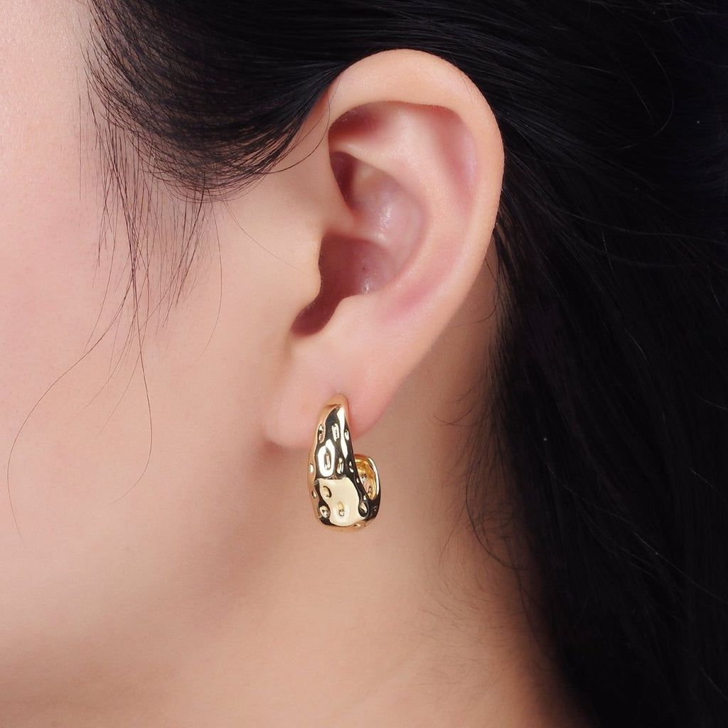 14K Gold plated 20mm Dotted Hammered Dome J-Shaped Hoop Earrings | V286 - DLUXCA