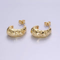 14K Gold plated 20mm Dotted Hammered Dome J-Shaped Hoop Earrings | V286 - DLUXCA