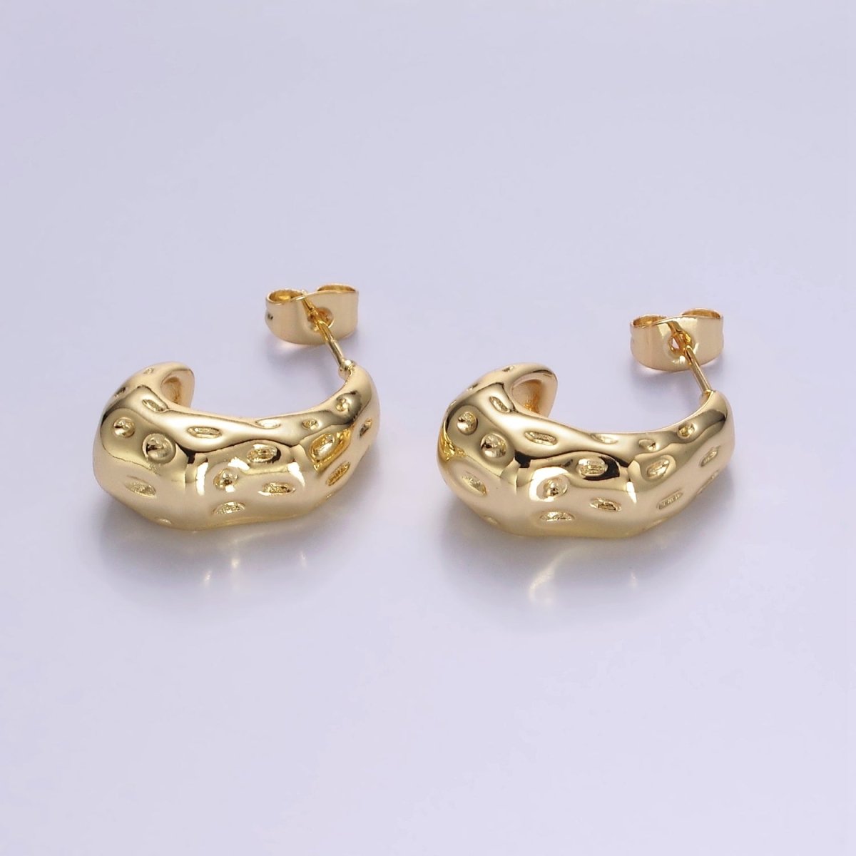 14K Gold plated 20mm Dotted Hammered Dome J-Shaped Hoop Earrings | V286 - DLUXCA