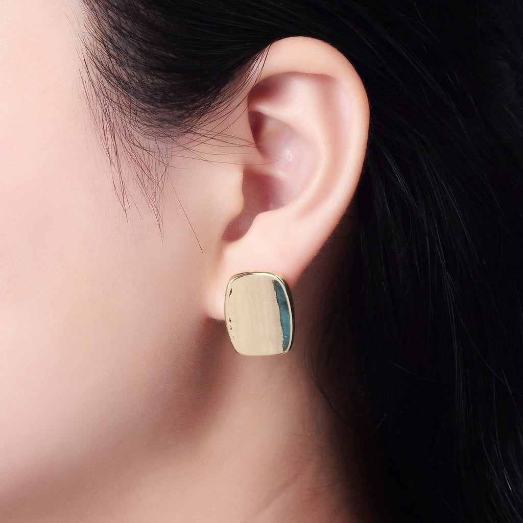 14K Gold plated 20mm Edged Bar Rectangular Minimalist Stud Earrings | V453 - DLUXCA