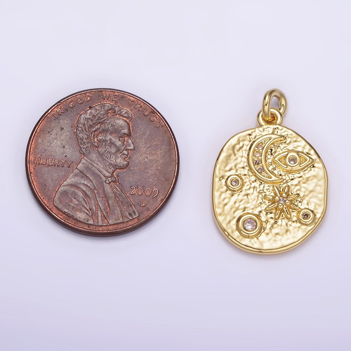 14K Gold plated 20mm Evil Eye Celestial Crescent Moon Star Textured Oval Charm | AG285 - DLUXCA